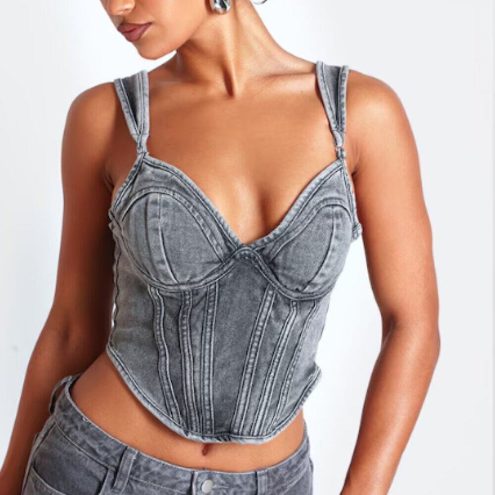 SALE Prettylittlething PLT Washed Grey Dipped Hem Denim Corset Top - sz US 6 NWT